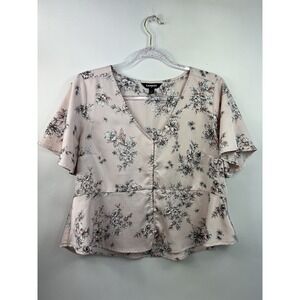 Express Blouse Women's Sz M Light Pink Floral V-Neck Hi Low Hem‎ V-Neck